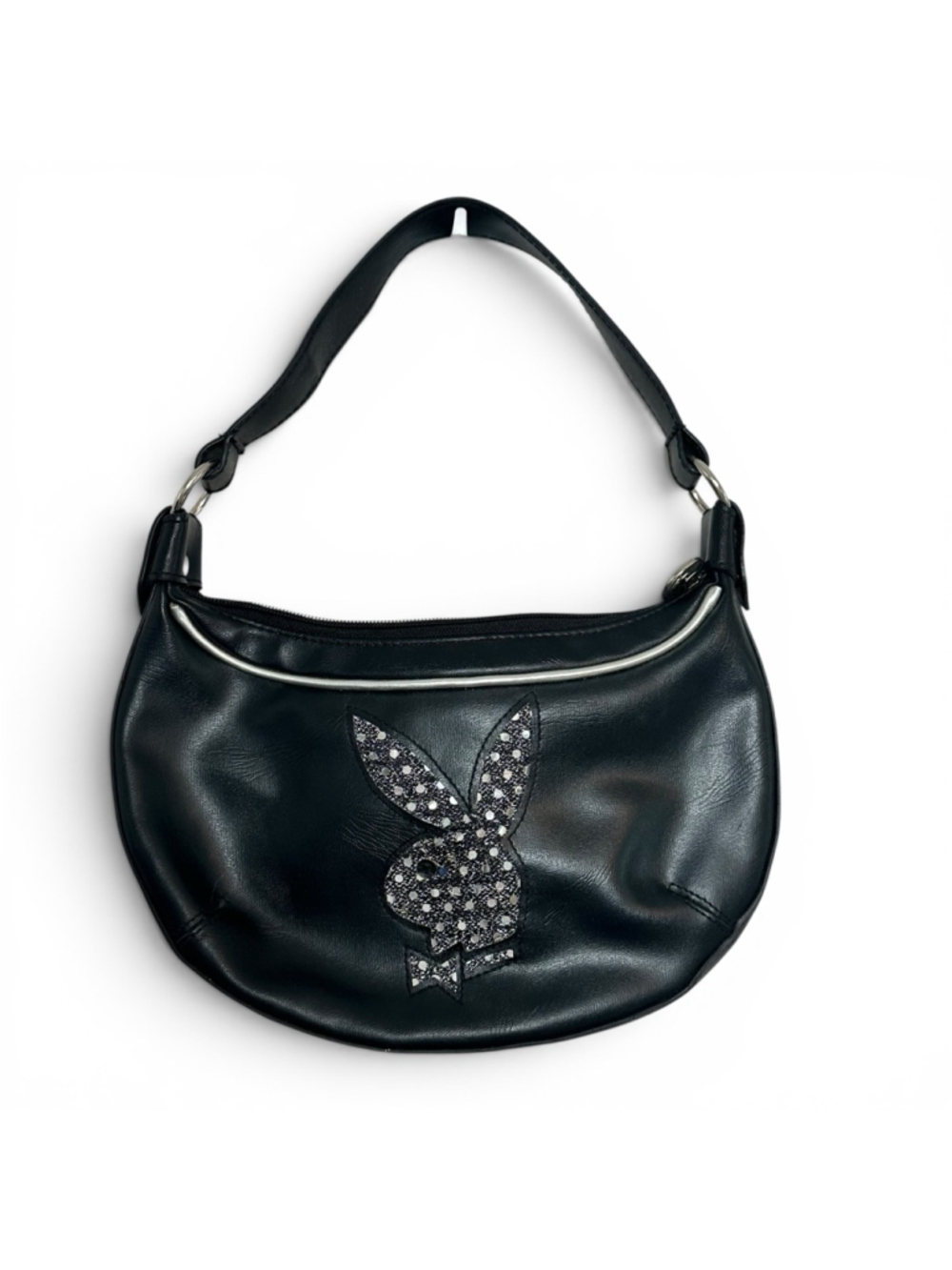 Y2K Playboy Bunny Rhinestone Shoulder Bag Black Faux Leather Hobo Mini Purse